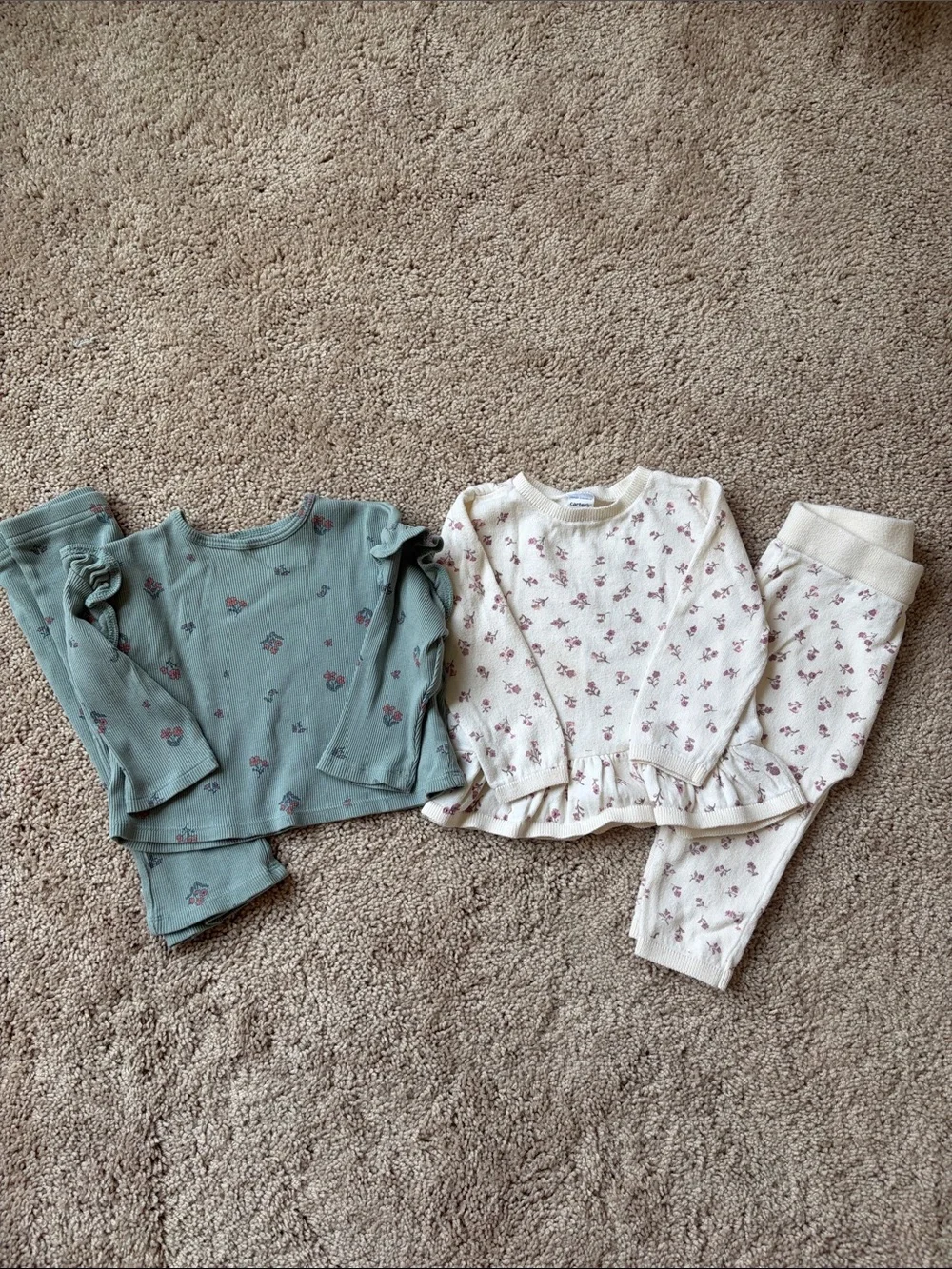 2 sets of matching top & bottoms -Floral Ruffle  - Sage Green & Cream